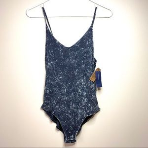 AEO Dark Acid Wash Gray Strappy Bodysuit